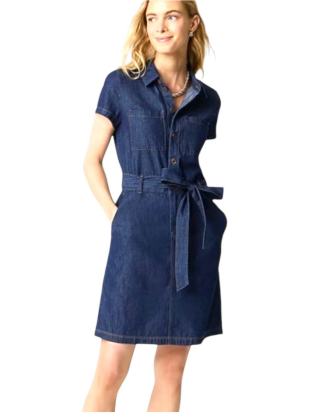 J. Crew Factory Denim Utility Dress Short Sleeve w/Tie + Button Front Size 4 - Picture 3 of 13